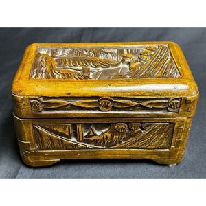 Old Chinese Carved Wooden Chest Jewelry Trinket Box